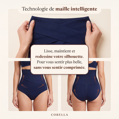 Technologie de maille intelligente Corella : une bande croisée qui lisse, maintient et redessine la silhouette sans comprimer
