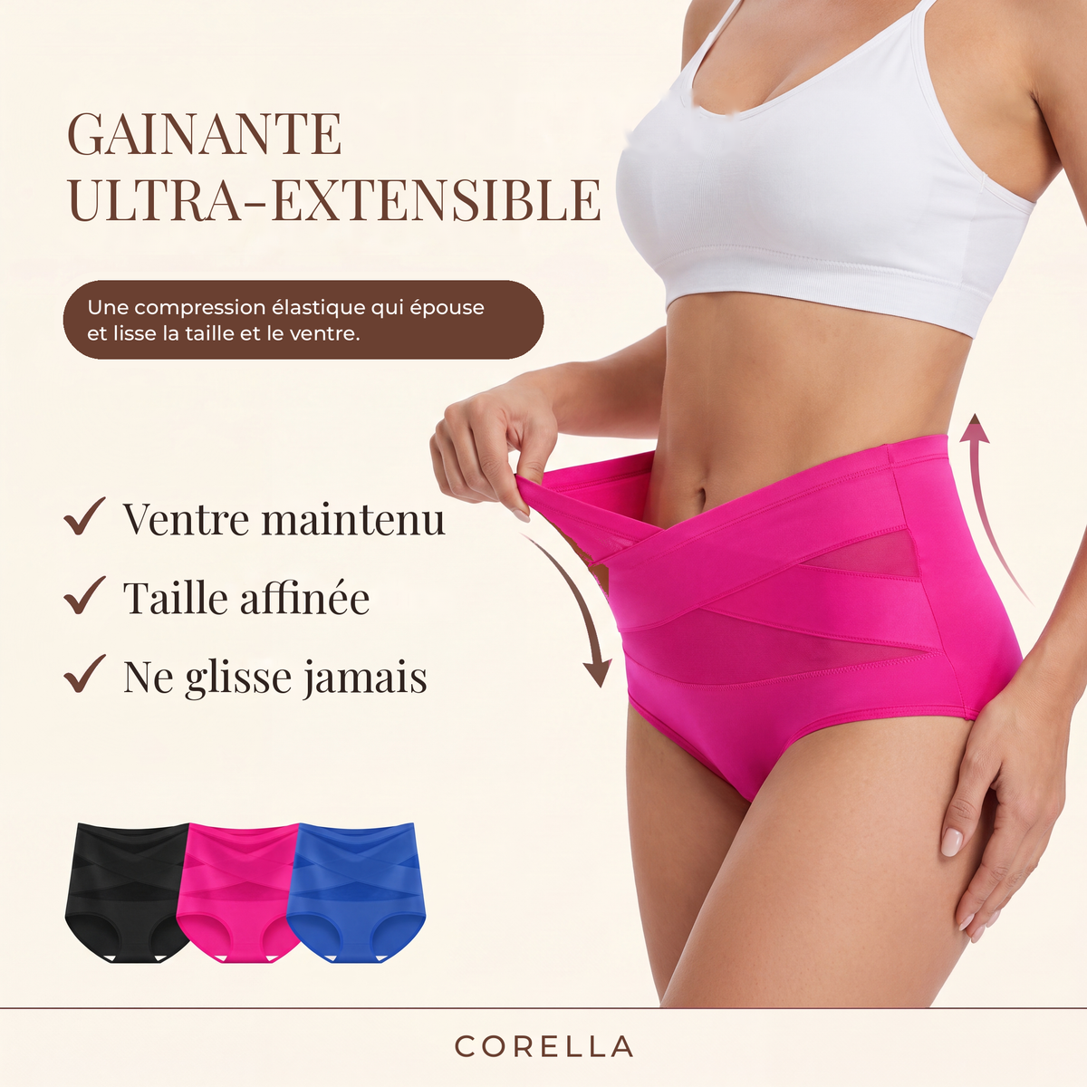 Culotte gainante ultra-extensible Corella rose fuchsia : ventre maintenu, taille affinée, ne glisse jamais