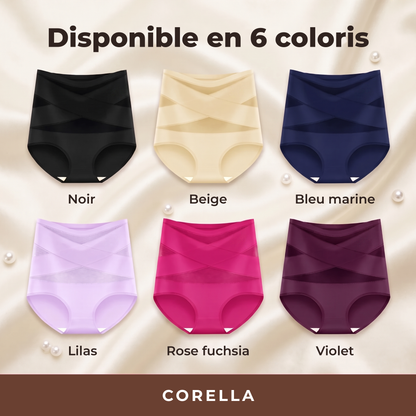 Les six coloris de la culotte sculptante Corella : noir, beige, bleu marine, lilas, rose fuchsia et violet