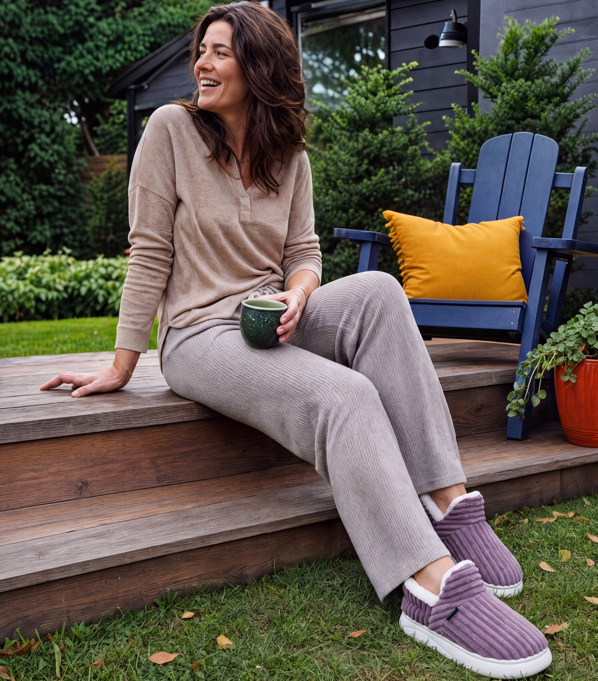 Chaussons moelleux Corella violet, en situation
