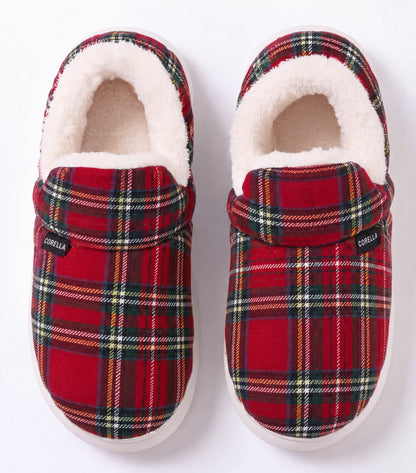 Chaussons moelleux Corella tartan rouge, vus de dessus