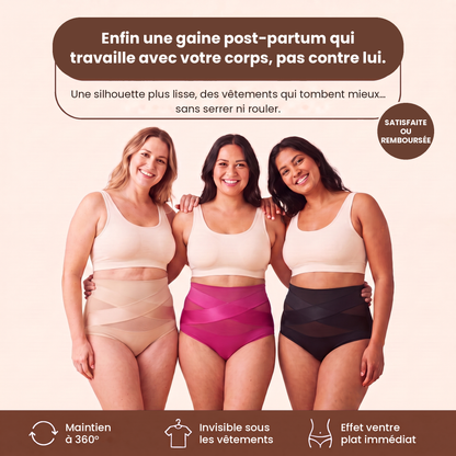 Trois femmes portant la culotte sculptante Corella en beige, rose fuchsia et noir : maintien 360°, invisible sous les vêtements, effet ventre plat immédiat