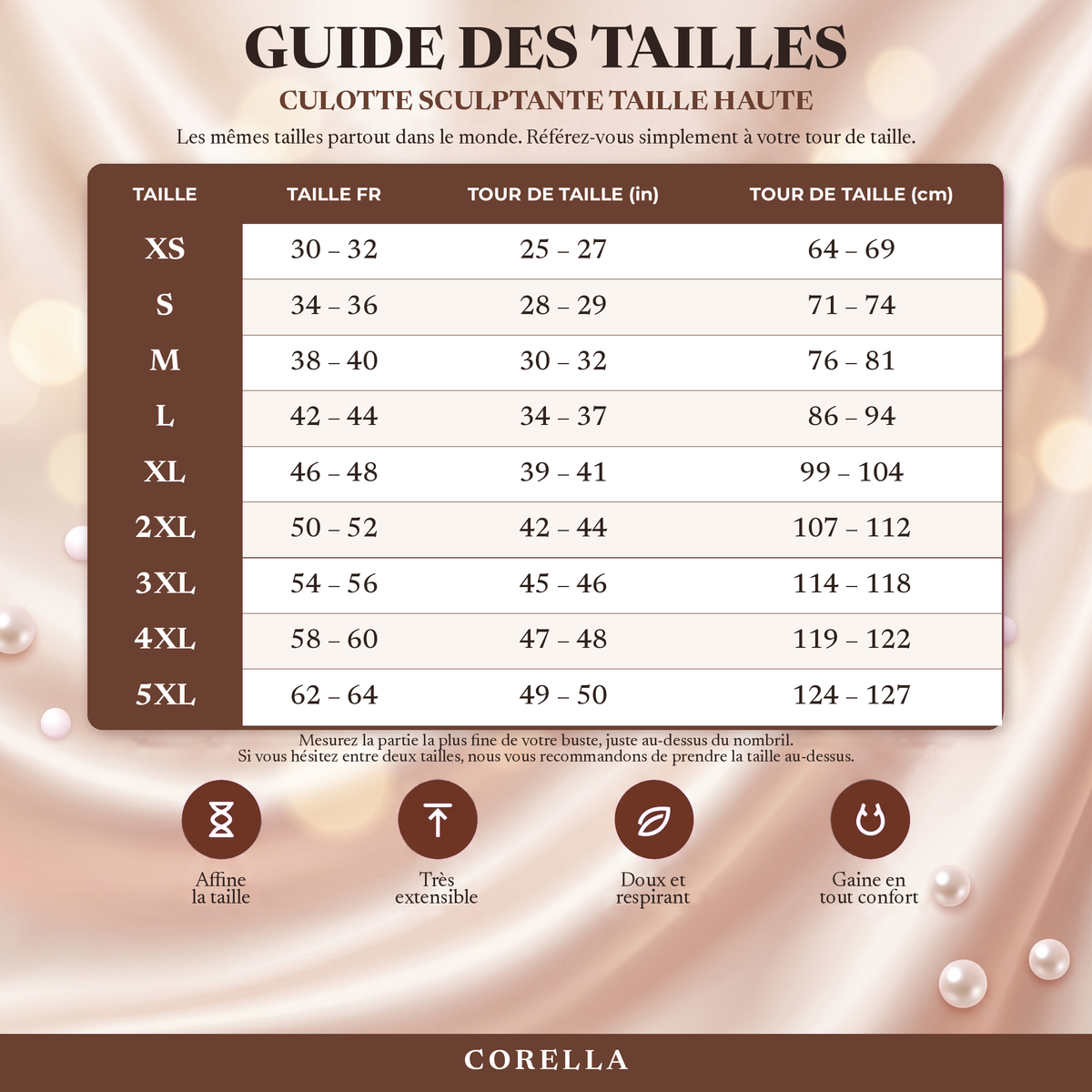 Guide des tailles de la culotte sculptante taille haute Corella, du XS au 5XL, avec tour de taille en centimètres et en pouces