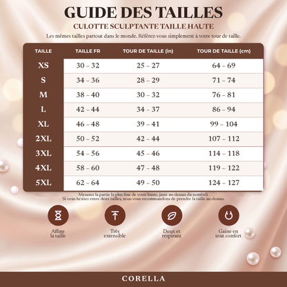Guide des tailles de la culotte sculptante taille haute Corella, du XS au 5XL, avec tour de taille en centimètres et en pouces